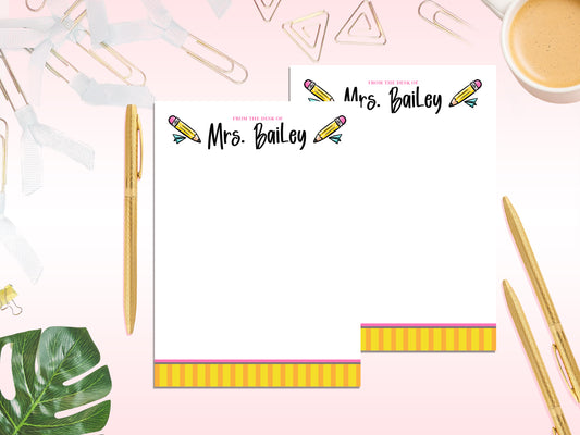 Personalized Teacher Notepad – From the Desk Of Design | Custom Name Stationery | Pencil and Stripe Theme
