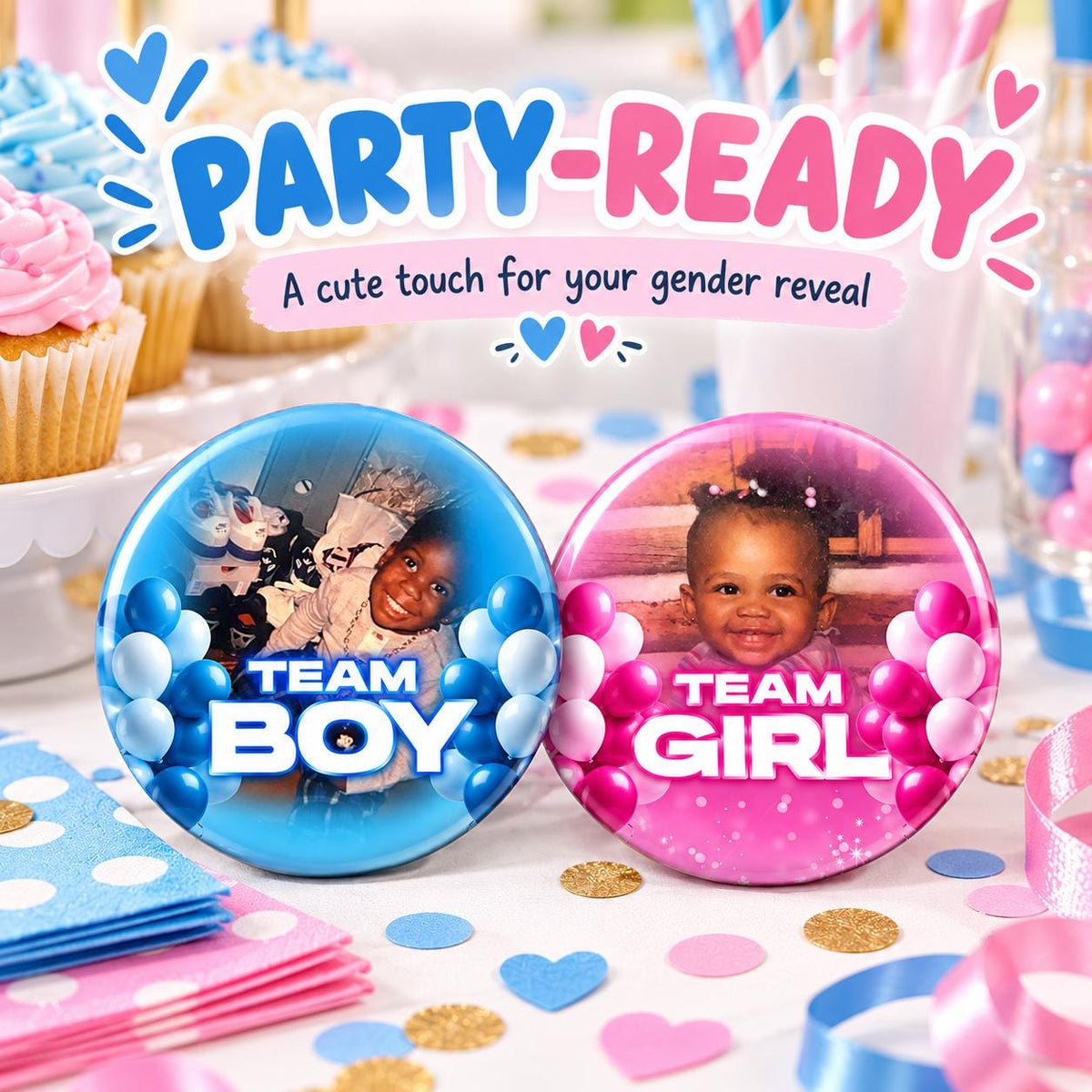 Custom Photo Gender Reveal Buttons | Team Boy + Team Girl Pins