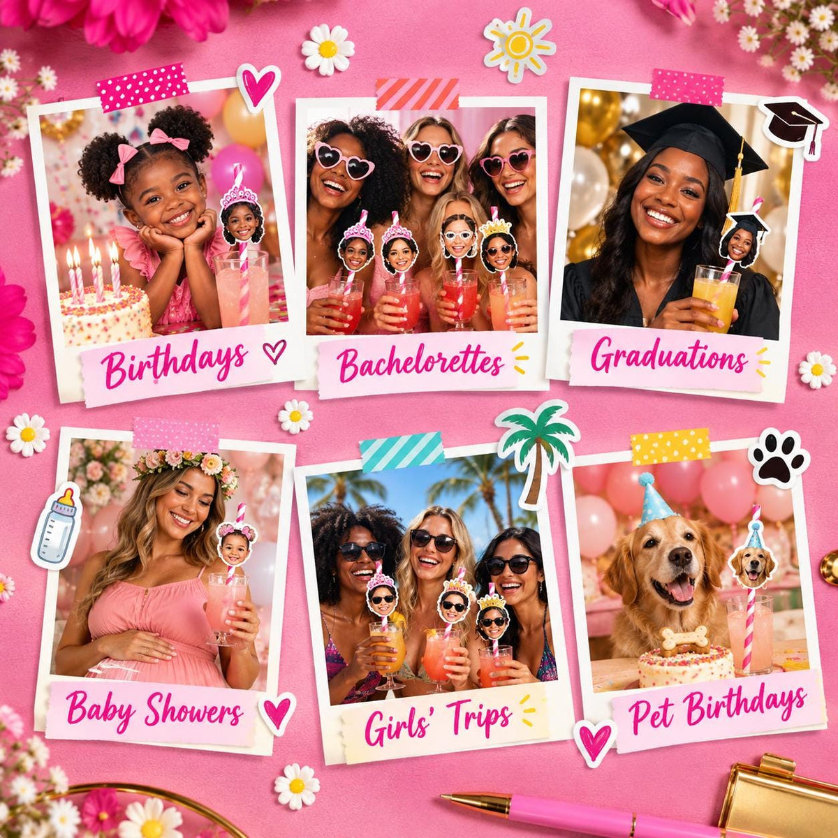 Custom Photo Party Straws | Personalized Face Drink Straws
