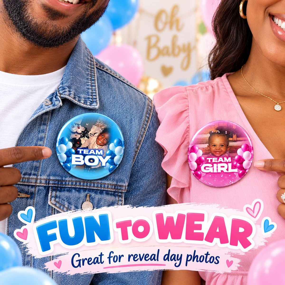 Custom Photo Gender Reveal Buttons | Team Boy + Team Girl Pins