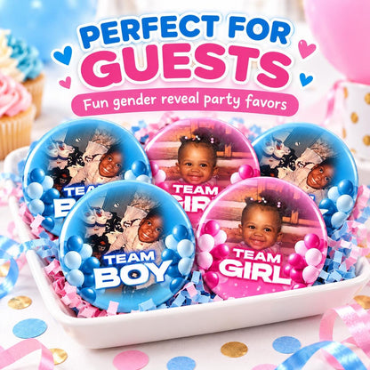Custom Photo Gender Reveal Buttons | Team Boy + Team Girl Pins