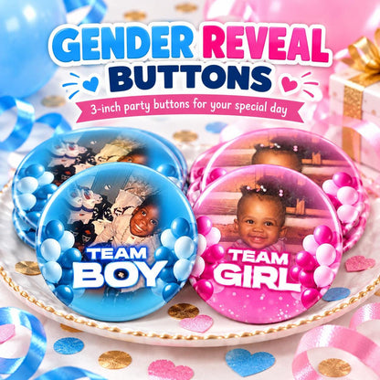 Custom Photo Gender Reveal Buttons | Team Boy + Team Girl Pins