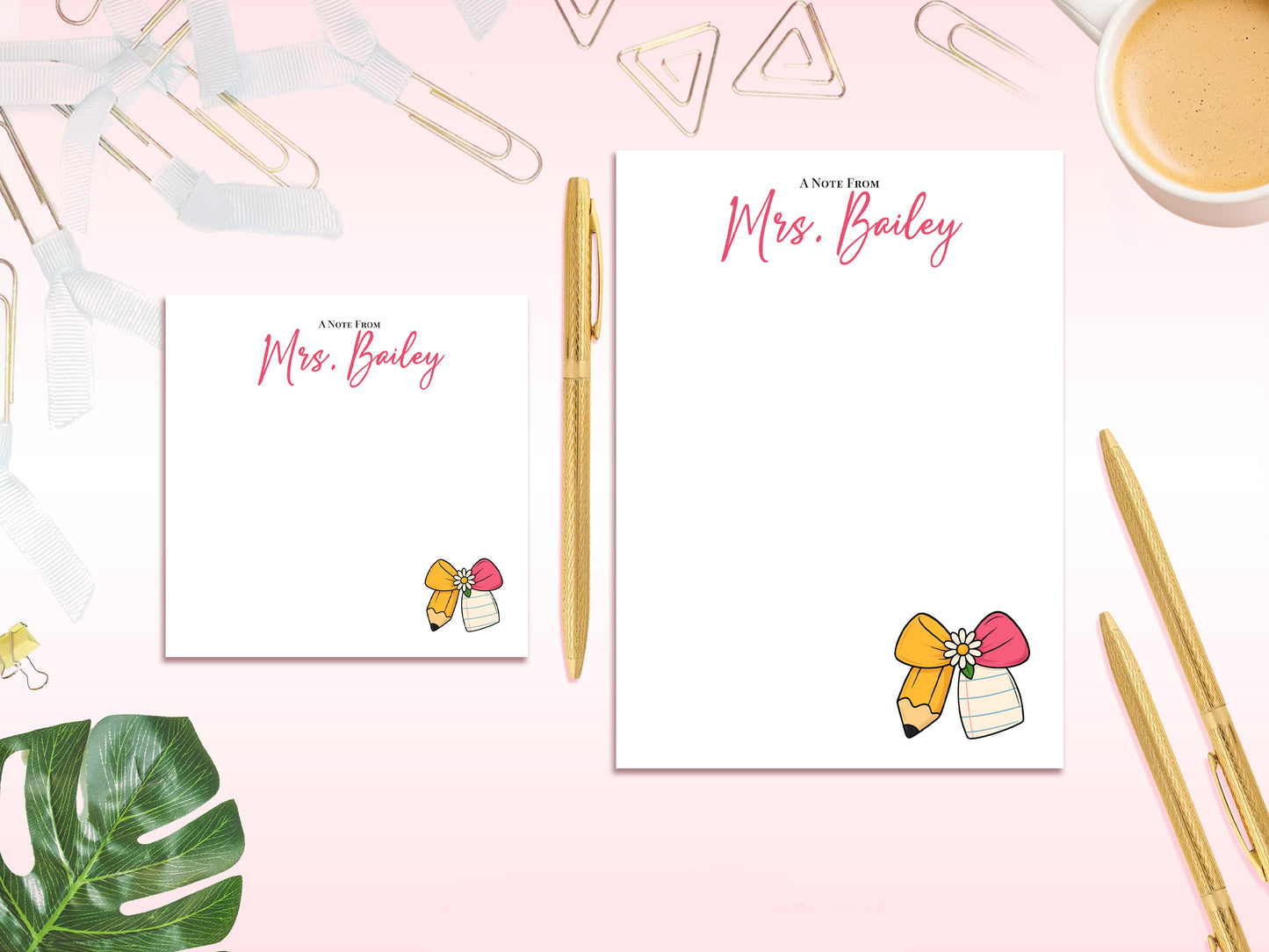 Personalized Teacher Notepad – A Note From Design | Custom Name Stationery | Pencil Bow Teacher Gift Set