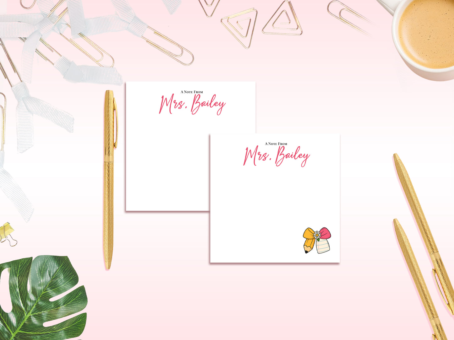 Personalized Teacher Notepad – A Note From Design | Custom Name Stationery | Pencil Bow Teacher Gift Set