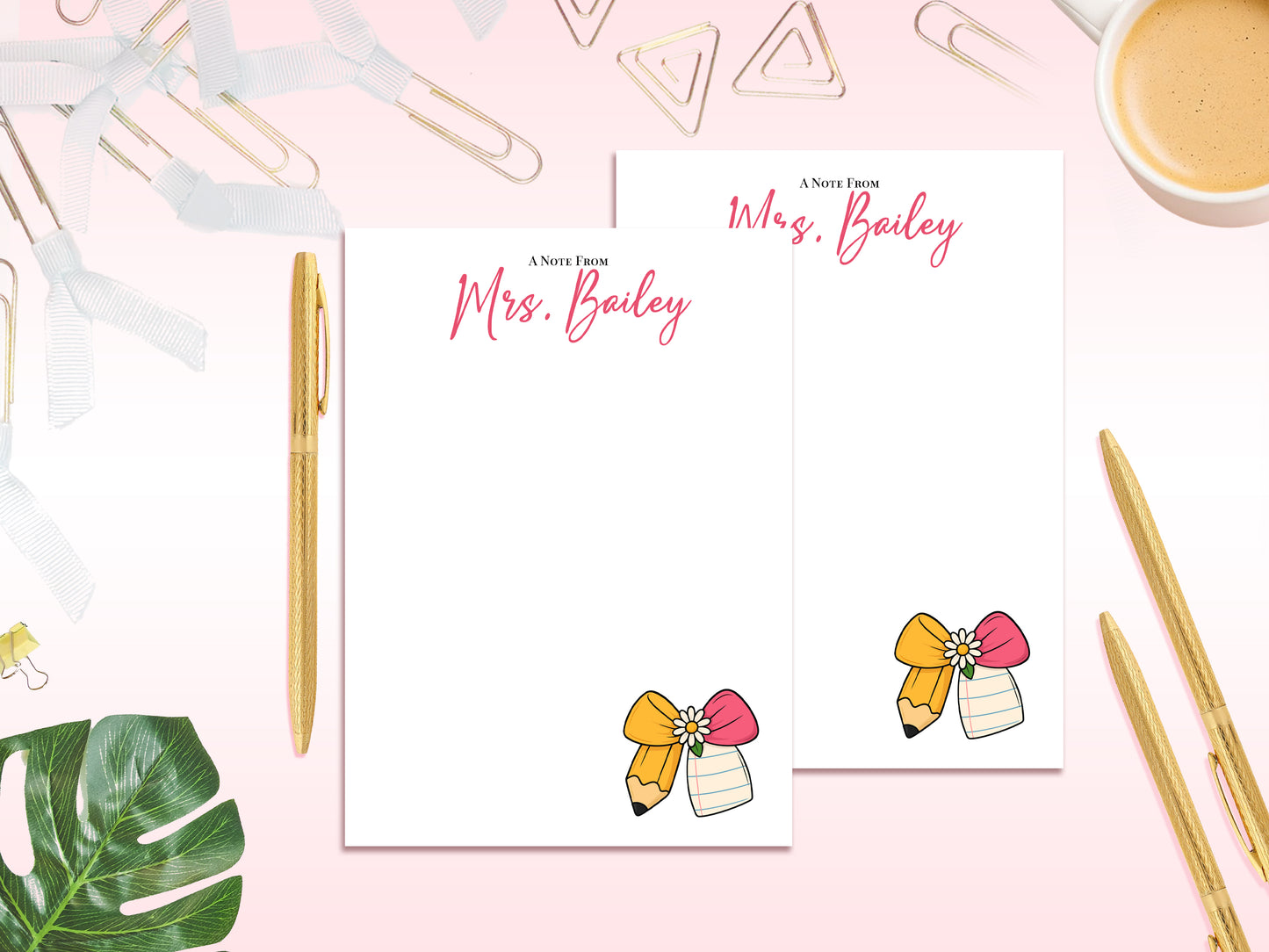 Personalized Teacher Notepad – A Note From Design | Custom Name Stationery | Pencil Bow Teacher Gift Set