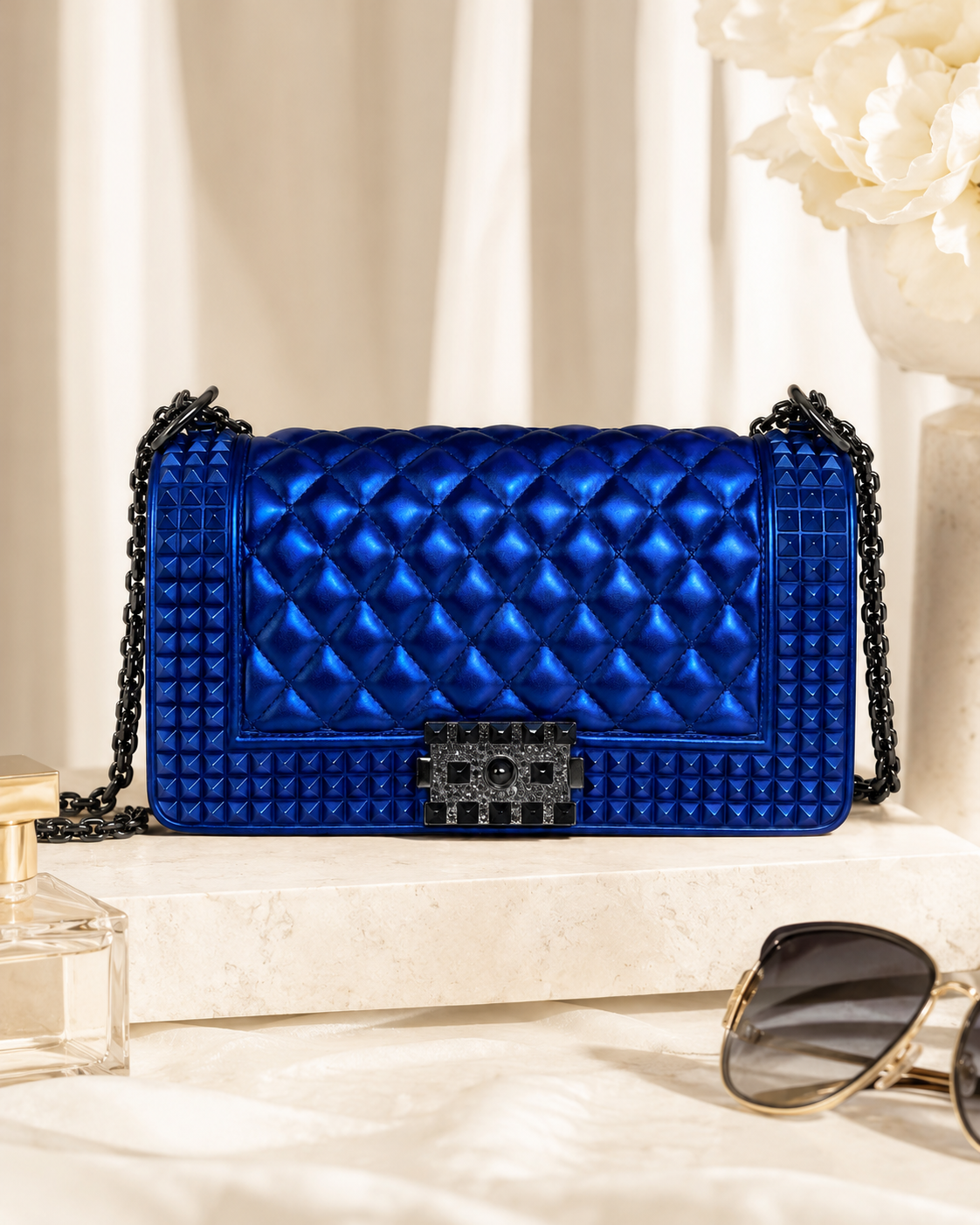 Cobalt Crush Quilted Chain Shoulder Bag