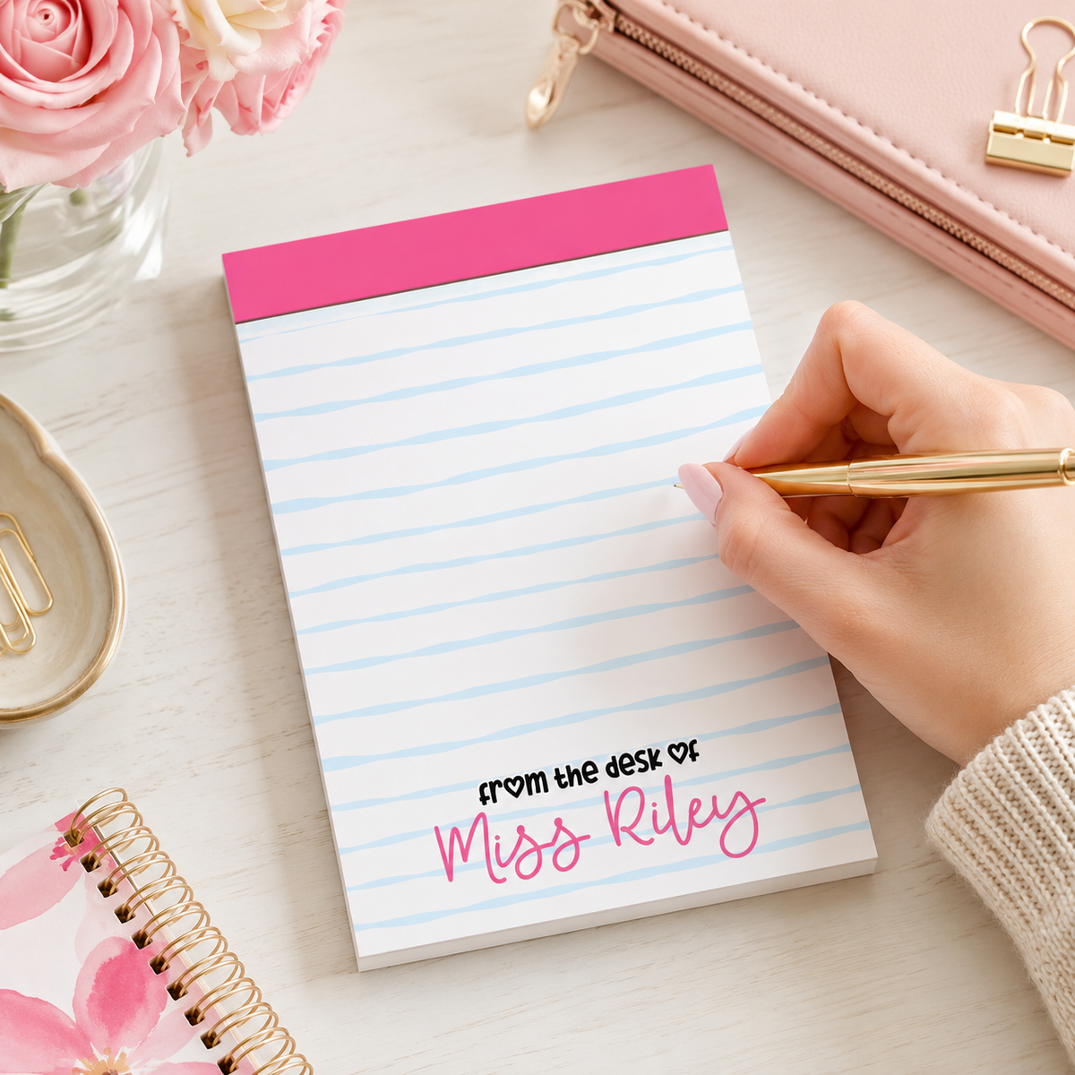Personalized Teacher Notepad – Bubblegum Wavy Stripe