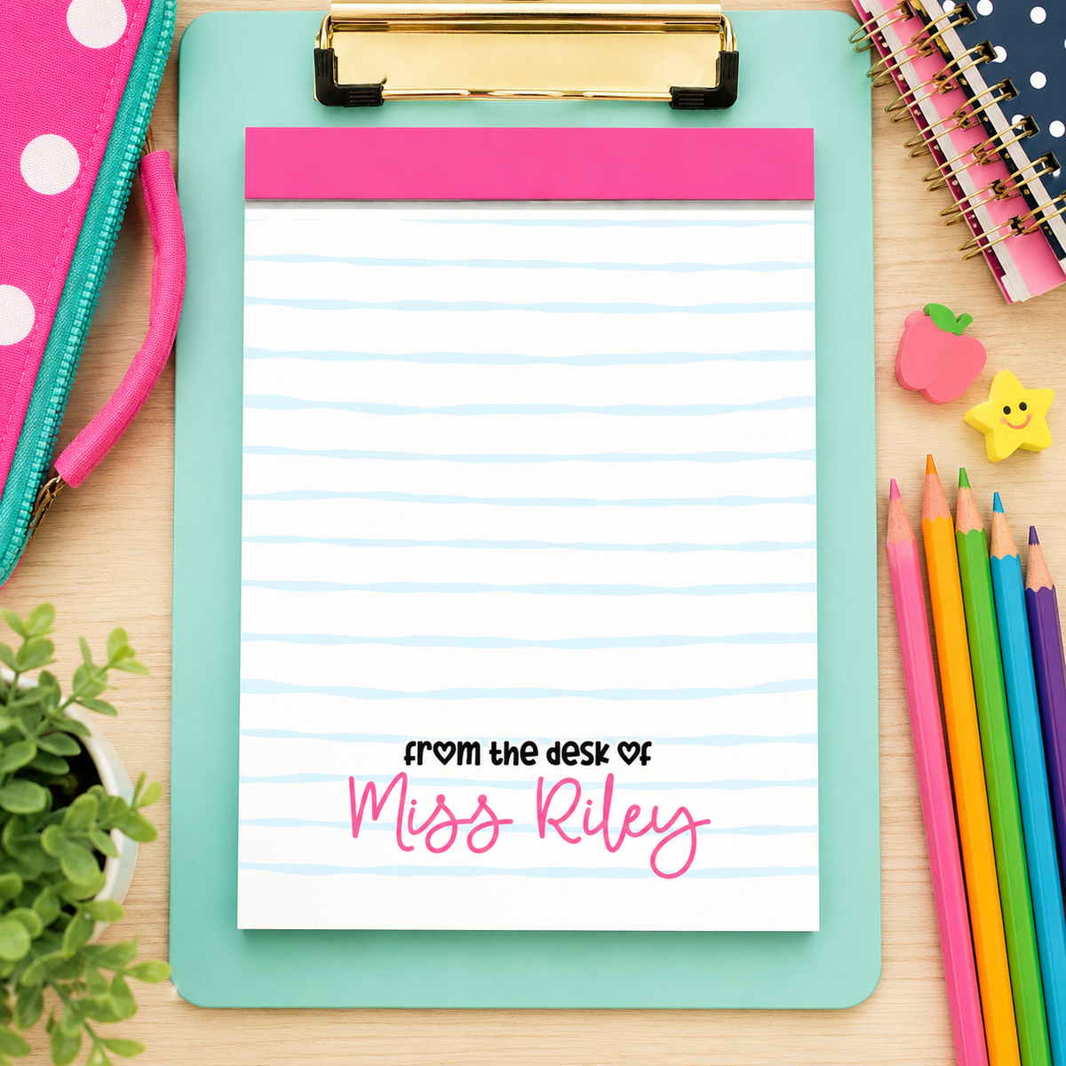 Personalized Teacher Notepad – Bubblegum Wavy Stripe