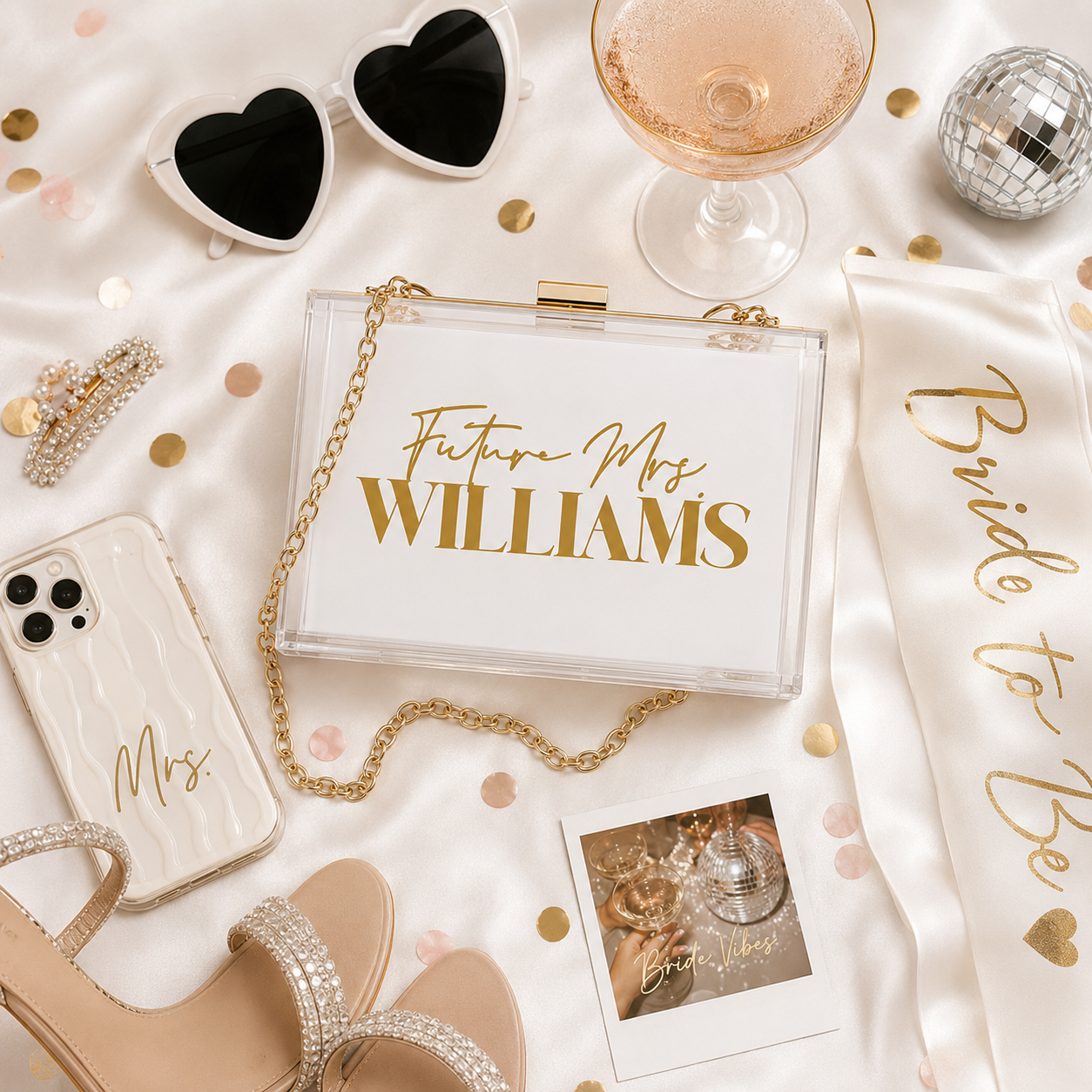 A styled flat-lay of a clear acrylic clutch bag with a gold chain strap, personalized with 'Future Mrs. WILLIAMS' in gold lettering on a white front.