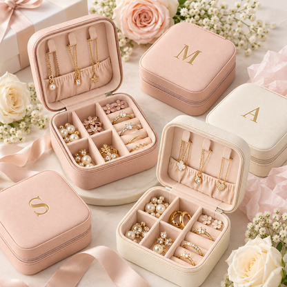 Three personalized jewelry boxes in blush pink and cream velvet, some open to display gold rings, necklaces, and pearl earrings, arranged with roses and ribbons on a light marble surface.