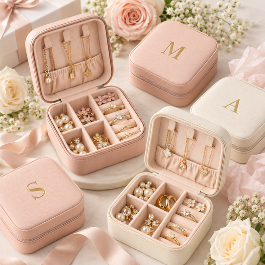Three personalized jewelry boxes in blush pink and cream velvet, some open to display gold rings, necklaces, and pearl earrings, arranged with roses and ribbons on a light marble surface.