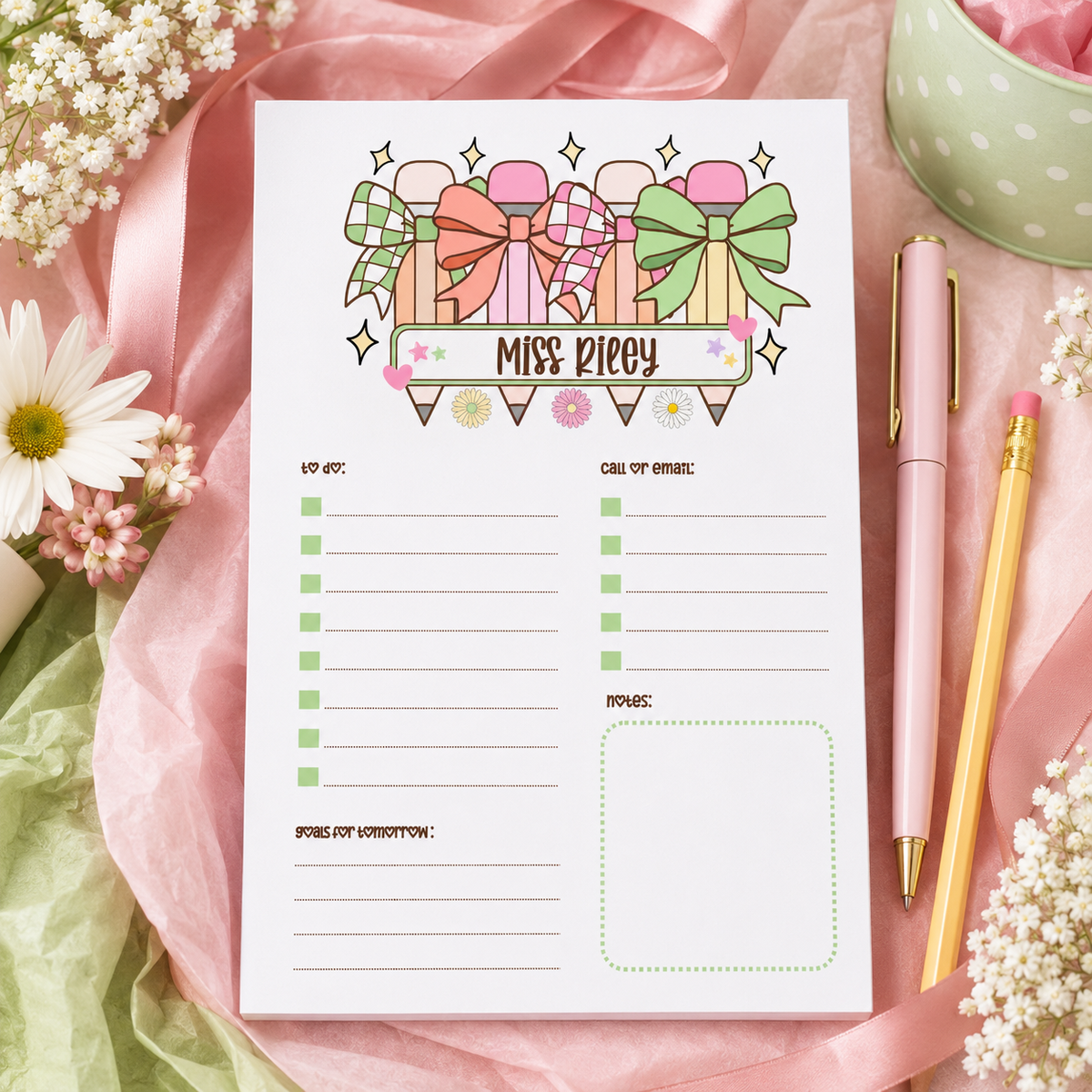 Personalized Teacher Notepad – Pastel Pencil Bow Parade