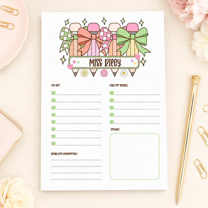 Personalized Teacher Notepad – Pastel Pencil Bow Parade