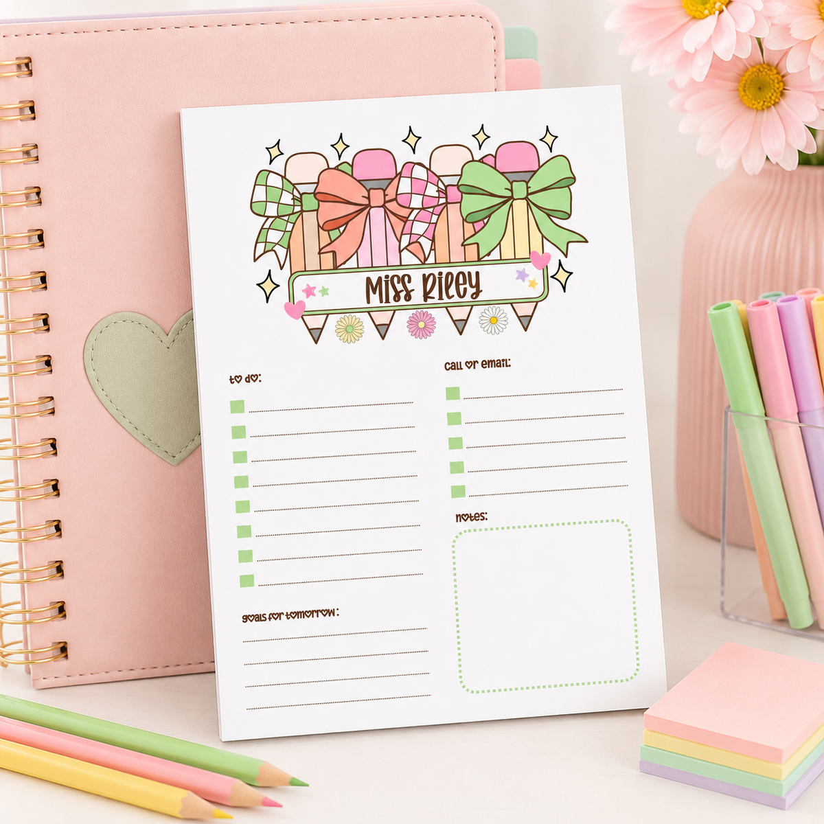 Personalized Teacher Notepad – Pastel Pencil Bow Parade