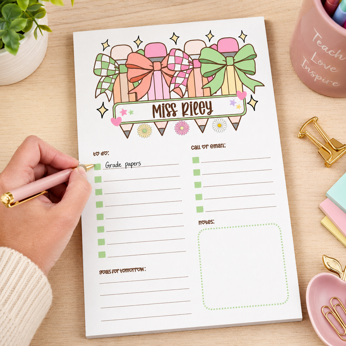 Personalized Teacher Notepad – Pastel Pencil Bow Parade
