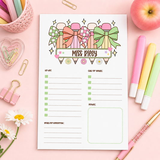 Personalized Teacher Notepad – Pastel Pencil Bow Parade