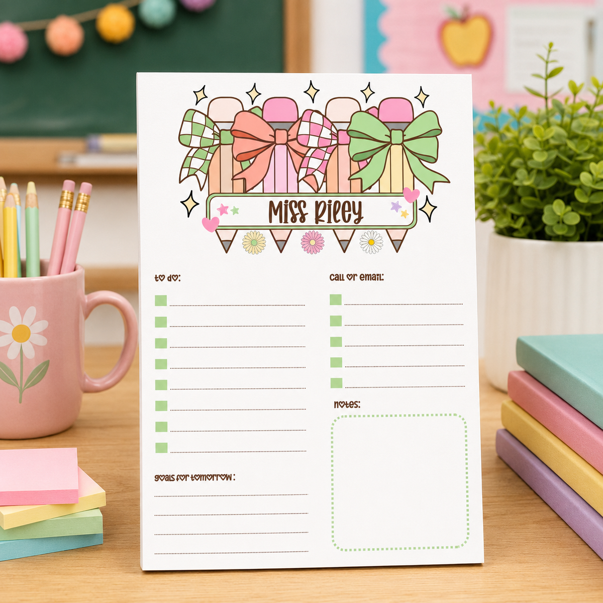 Personalized Teacher Notepad – Pastel Pencil Bow Parade