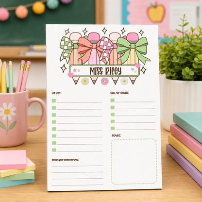 Personalized Teacher Notepad – Pastel Pencil Bow Parade