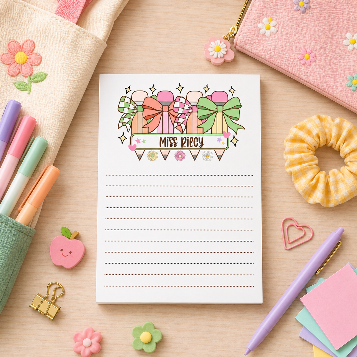 Personalized Teacher Notepad – Pastel Pencil Bow Parade