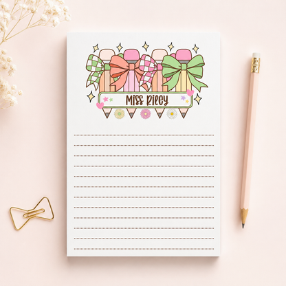 Personalized Teacher Notepad – Pastel Pencil Bow Parade