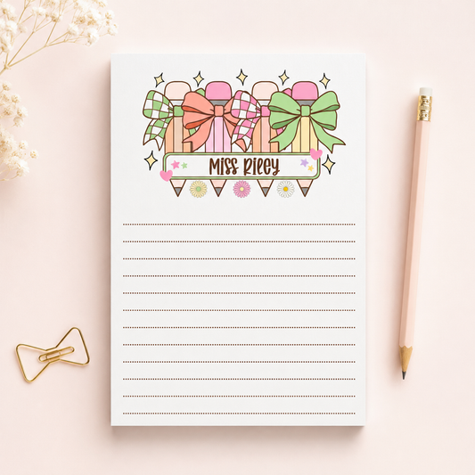 Personalized Teacher Notepad – Pastel Pencil Bow Parade