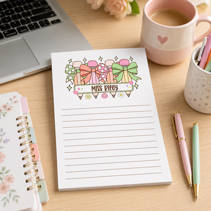 Personalized Teacher Notepad – Pastel Pencil Bow Parade