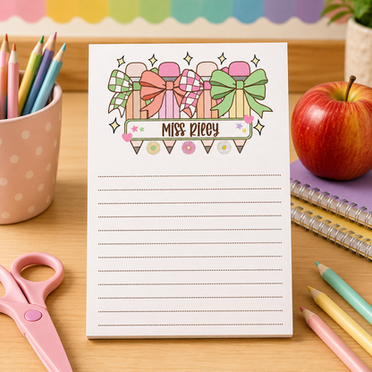 Personalized Teacher Notepad – Pastel Pencil Bow Parade