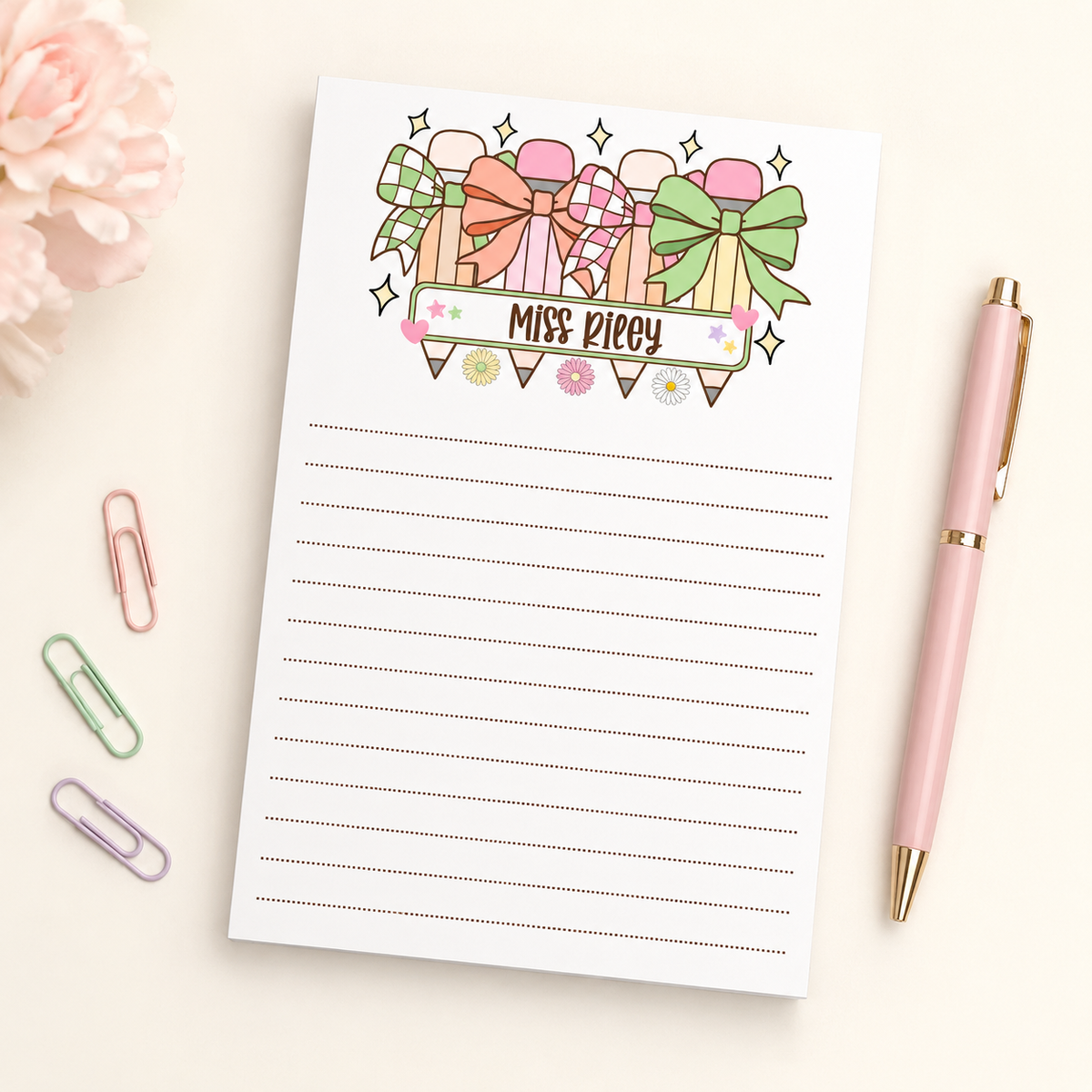 Personalized Teacher Notepad – Pastel Pencil Bow Parade