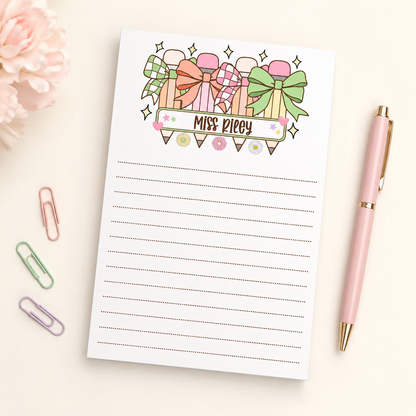 Personalized Teacher Notepad – Pastel Pencil Bow Parade