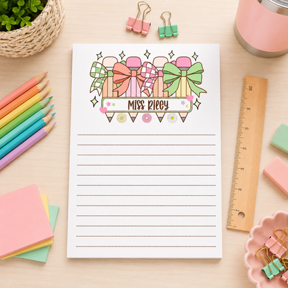 Personalized Teacher Notepad – Pastel Pencil Bow Parade