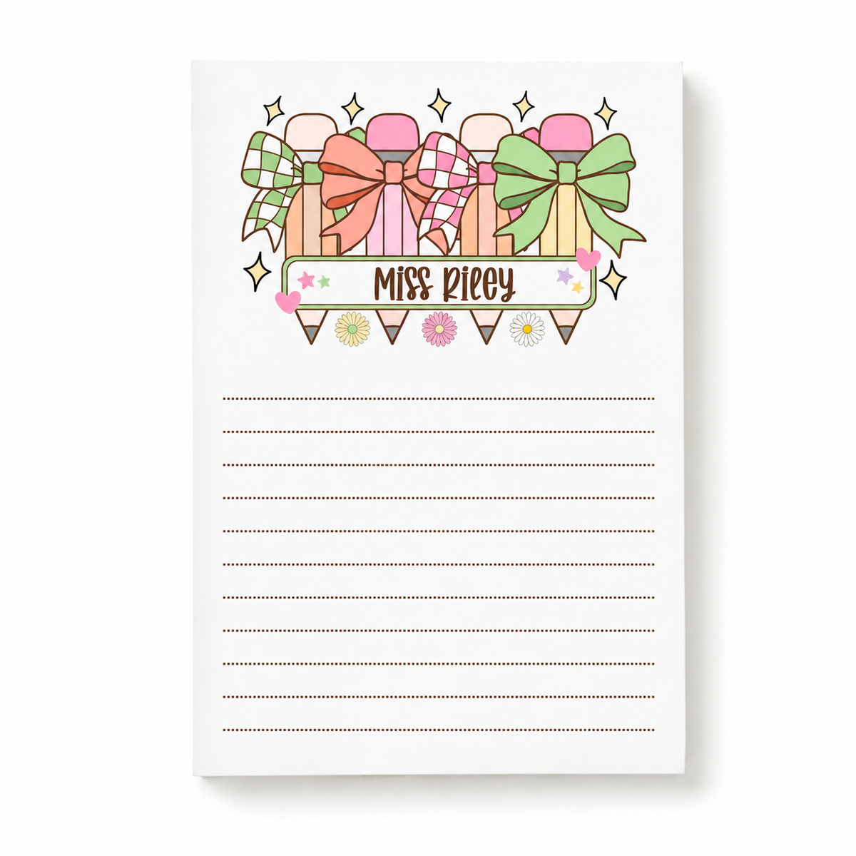 Personalized Teacher Notepad – Pastel Pencil Bow Parade