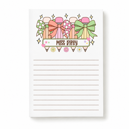 Personalized Teacher Notepad – Pastel Pencil Bow Parade