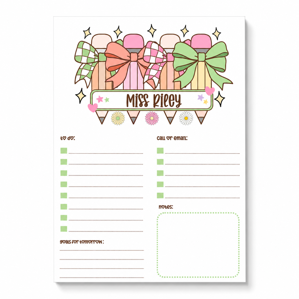 Personalized Teacher Notepad – Pastel Pencil Bow Parade