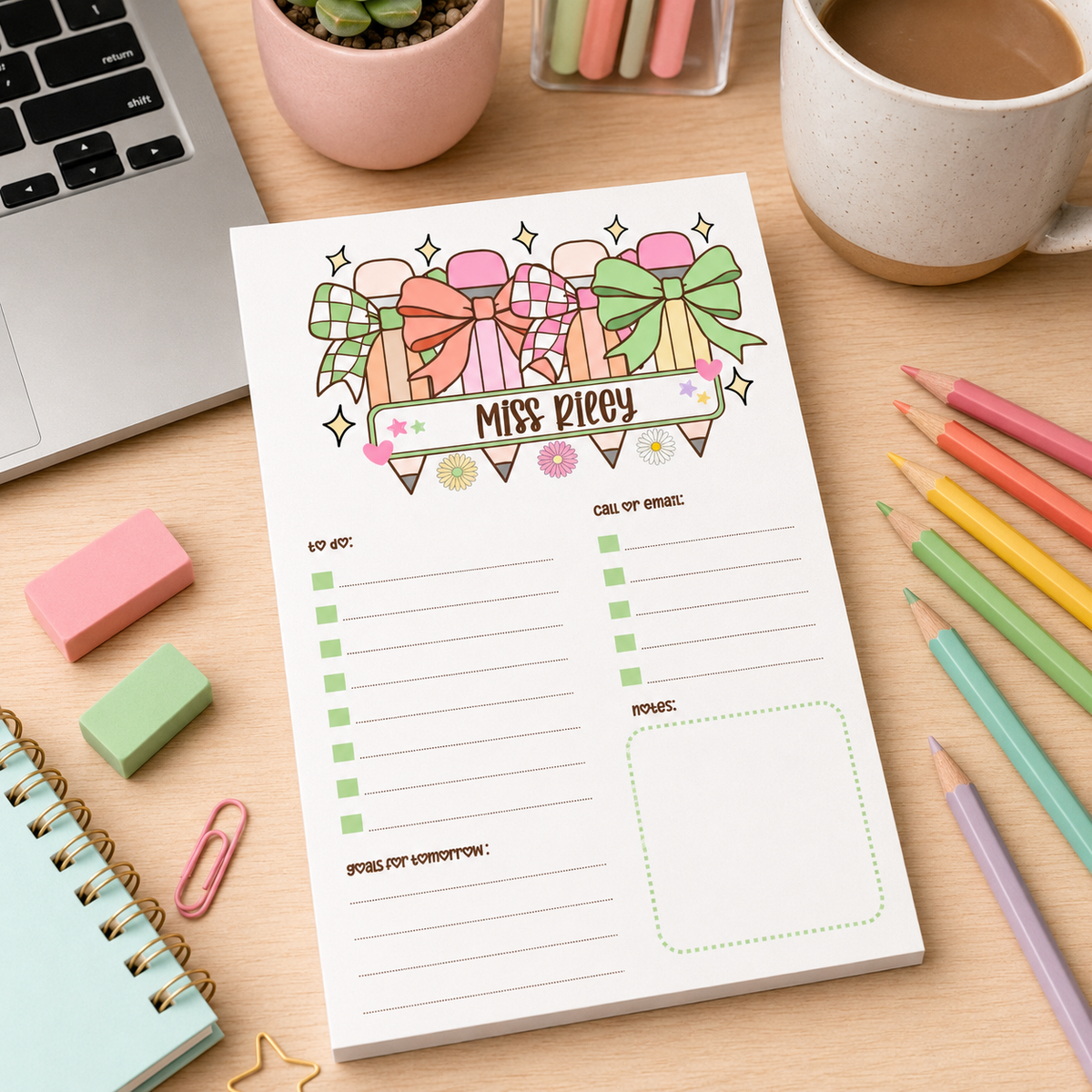 Personalized Teacher Notepad – Pastel Pencil Bow Parade