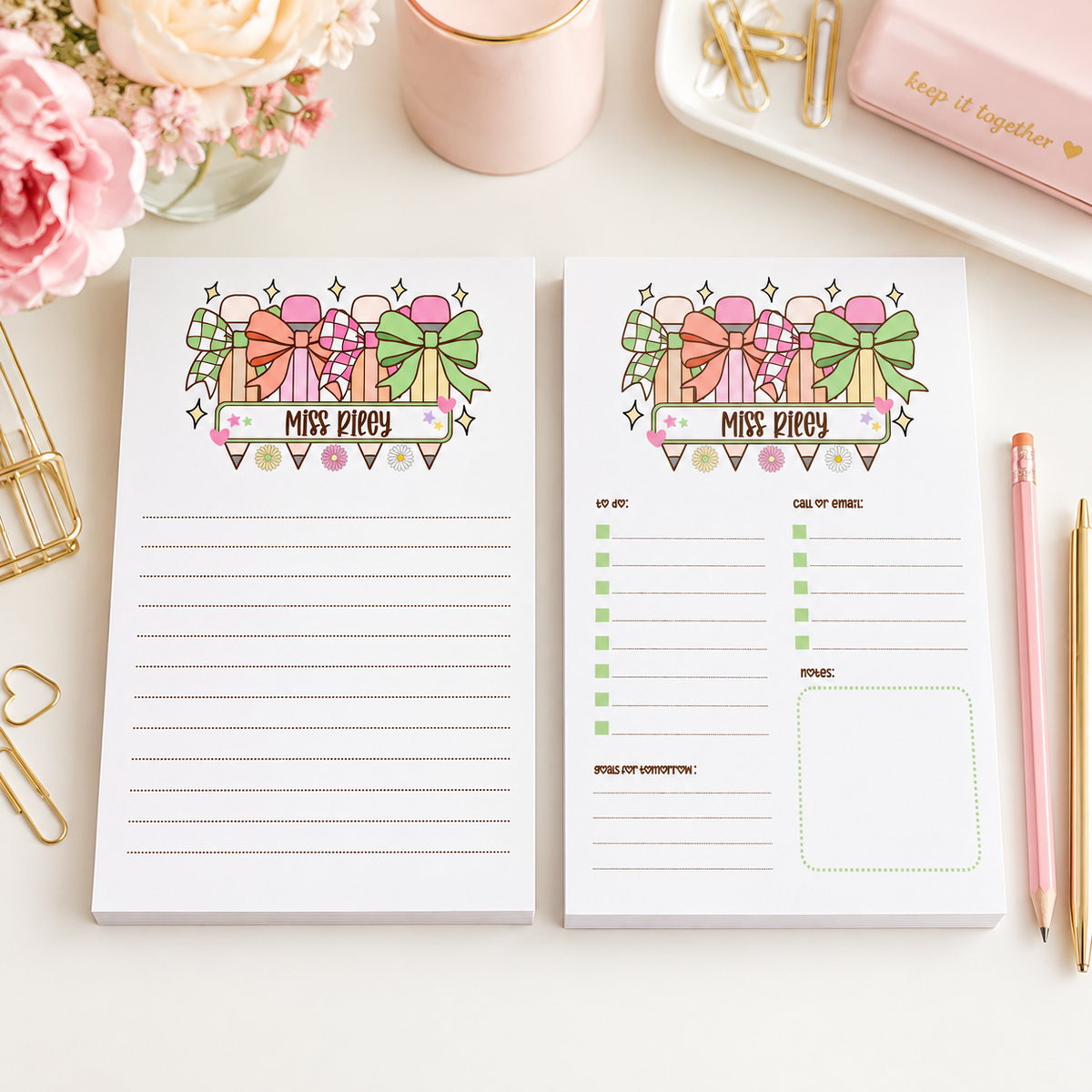 Personalized Teacher Notepad – Pastel Pencil Bow Parade