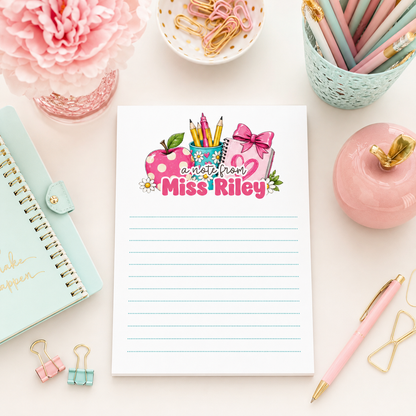 Personalized Teacher Notepad – Pink Apple & Daisy Desk