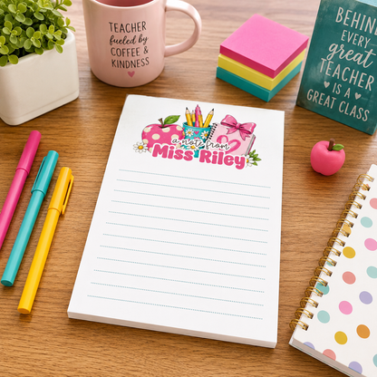 Personalized Teacher Notepad – Pink Apple & Daisy Desk