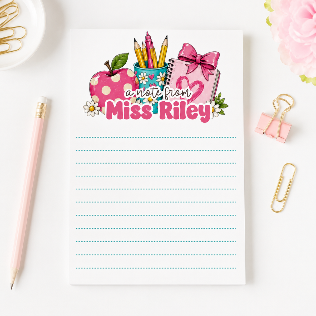 Personalized Teacher Notepad – Pink Apple & Daisy Desk
