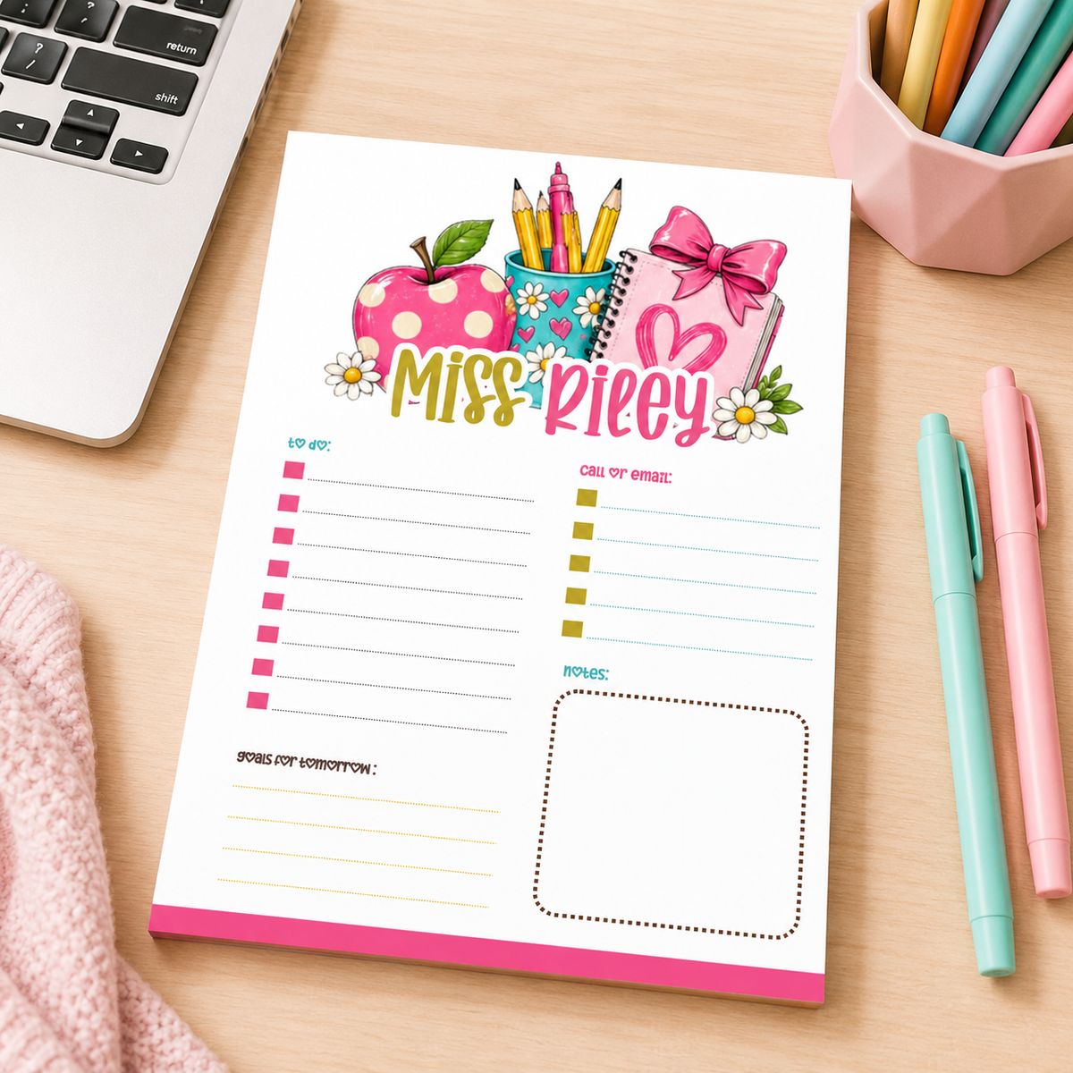 Personalized Teacher Notepad – Pink Apple & Daisy Desk