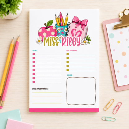 Personalized Teacher Notepad – Pink Apple & Daisy Desk