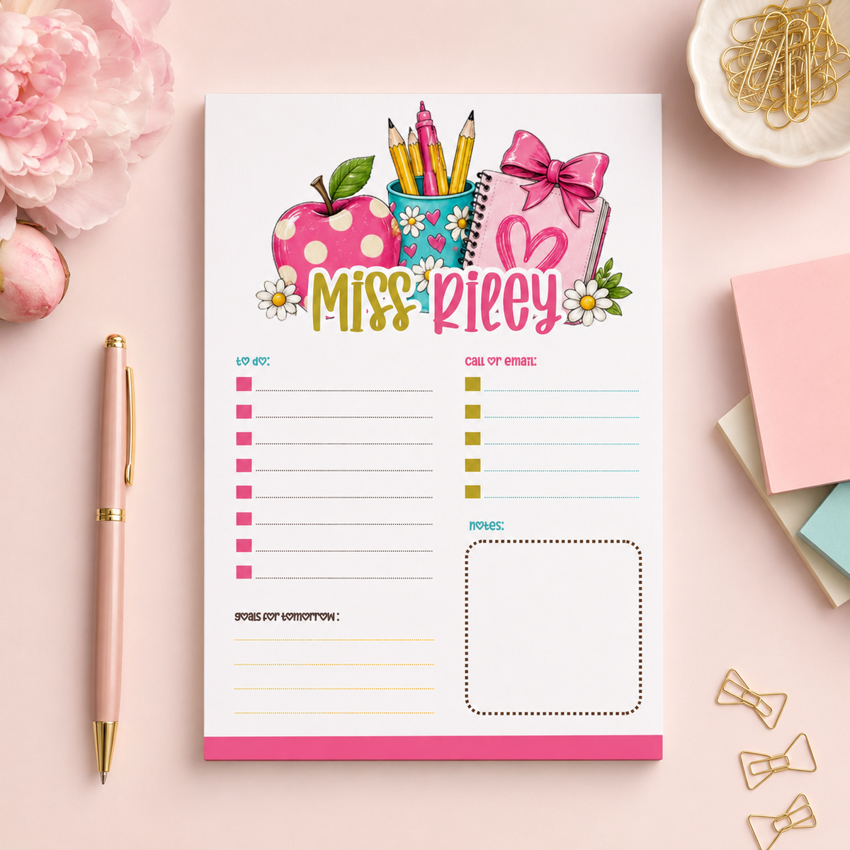 Personalized Teacher Notepad – Pink Apple & Daisy Desk