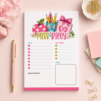 Personalized Teacher Notepad – Pink Apple & Daisy Desk