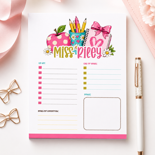 Personalized Teacher Notepad – Pink Apple & Daisy Desk