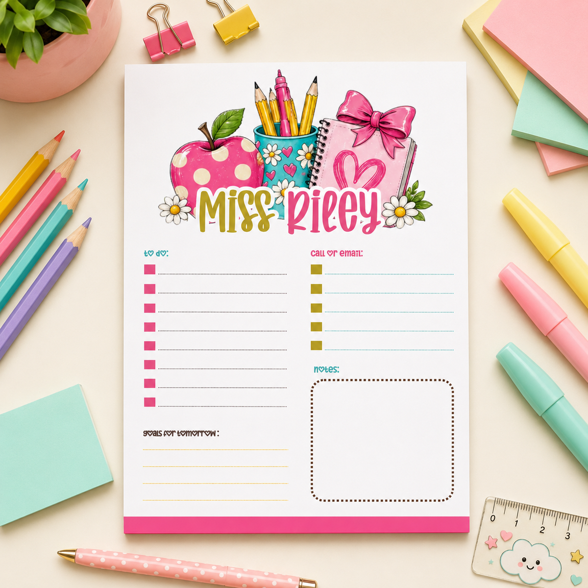 Personalized Teacher Notepad – Pink Apple & Daisy Desk