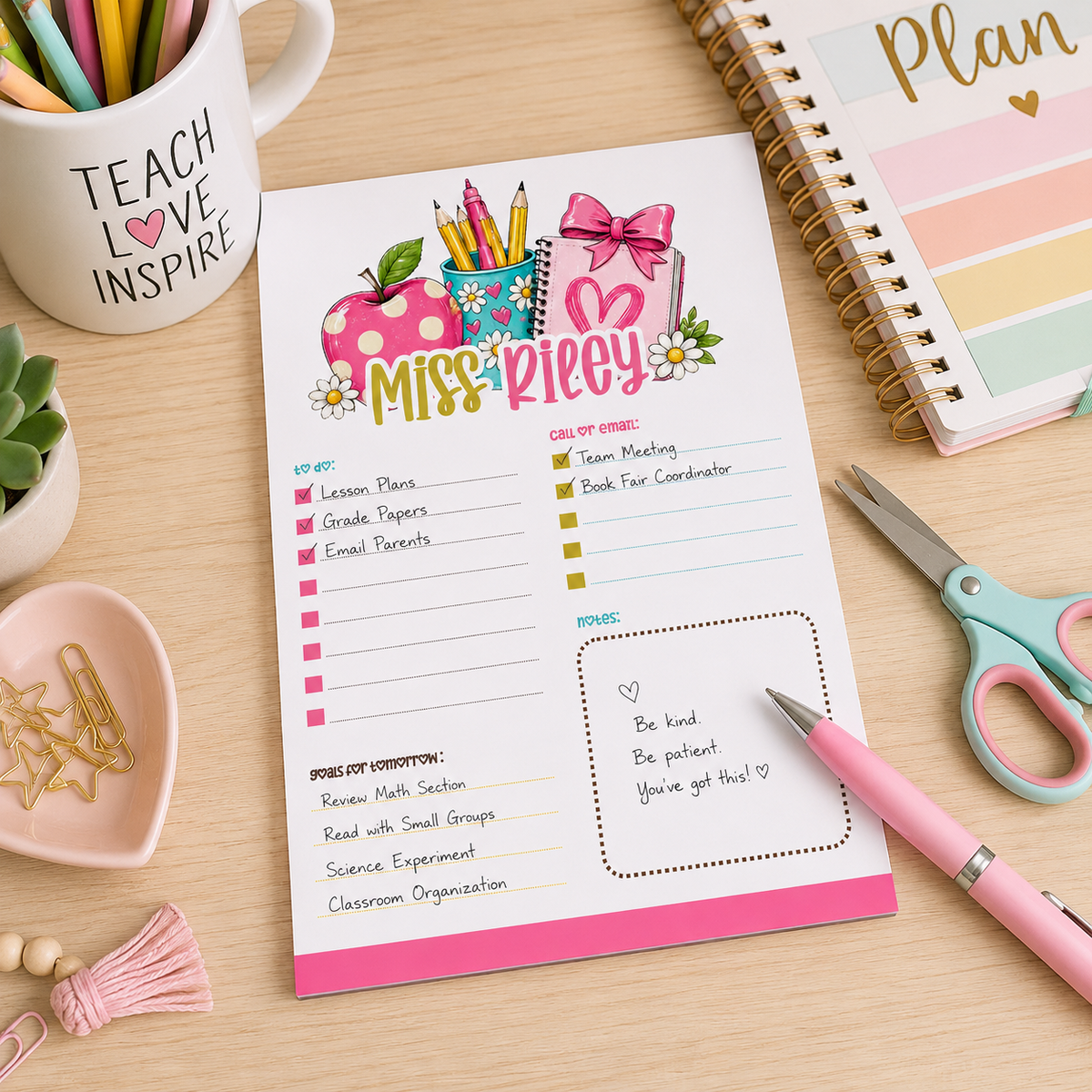 Personalized Teacher Notepad – Pink Apple & Daisy Desk