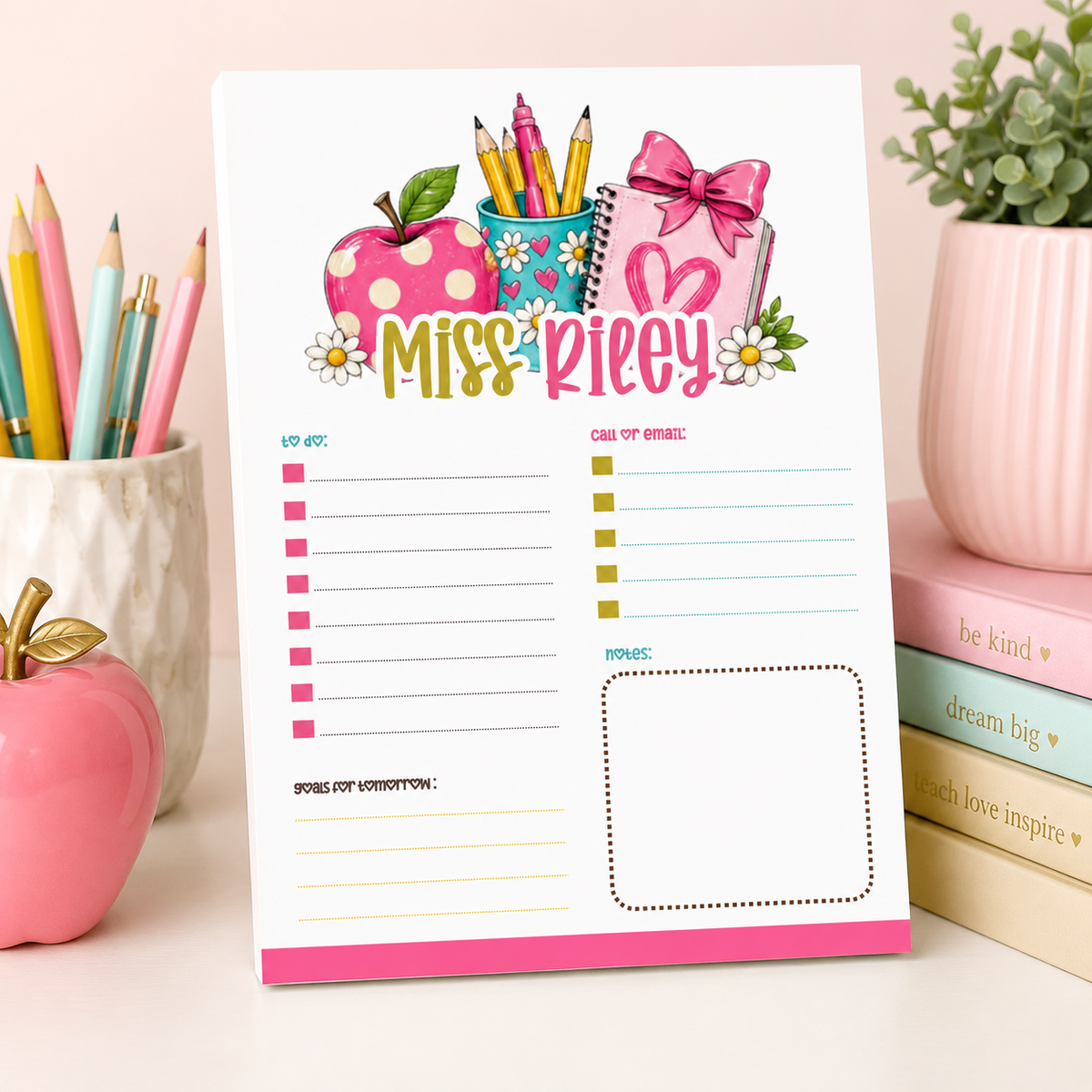 Personalized Teacher Notepad – Pink Apple & Daisy Desk