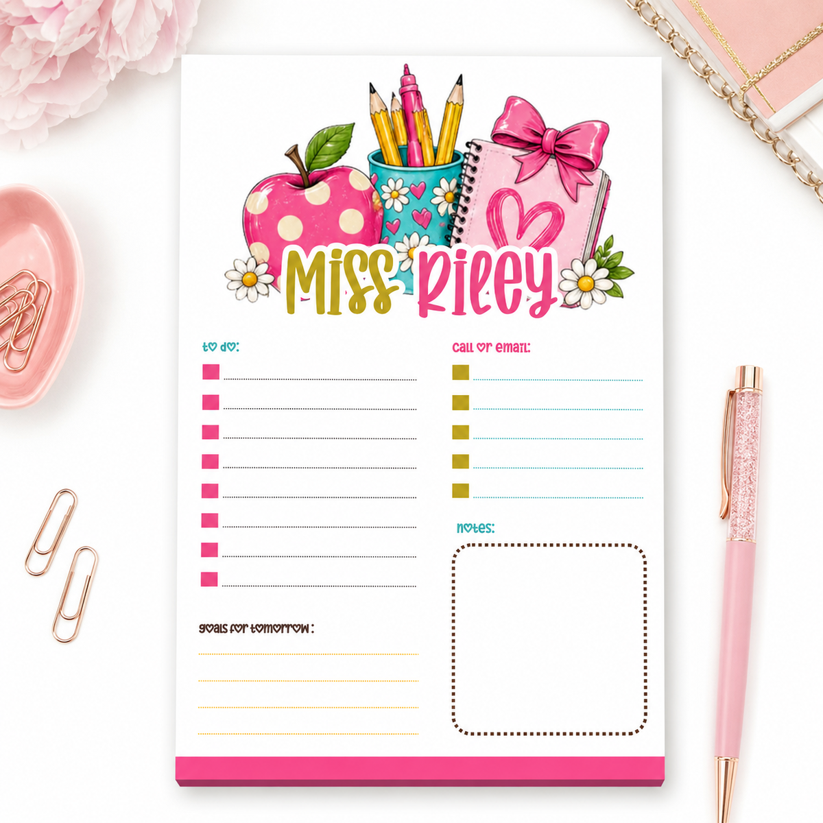 Personalized Teacher Notepad – Pink Apple & Daisy Desk