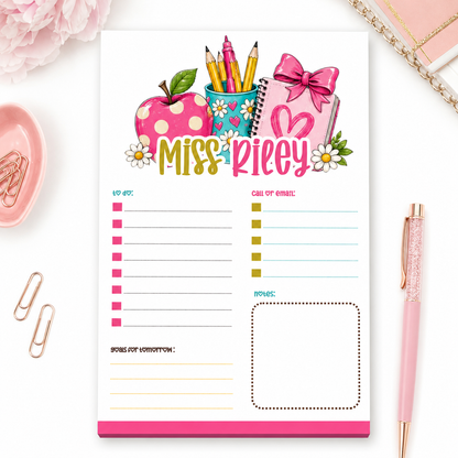 Personalized Teacher Notepad – Pink Apple & Daisy Desk
