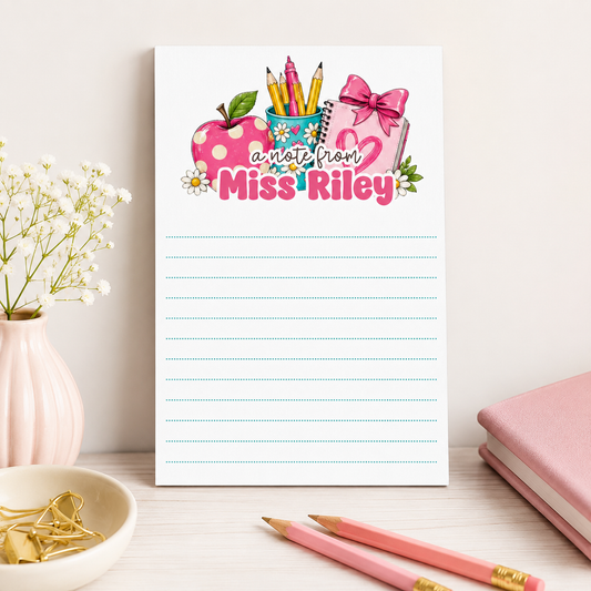 Personalized Teacher Notepad – Pink Apple & Daisy Desk