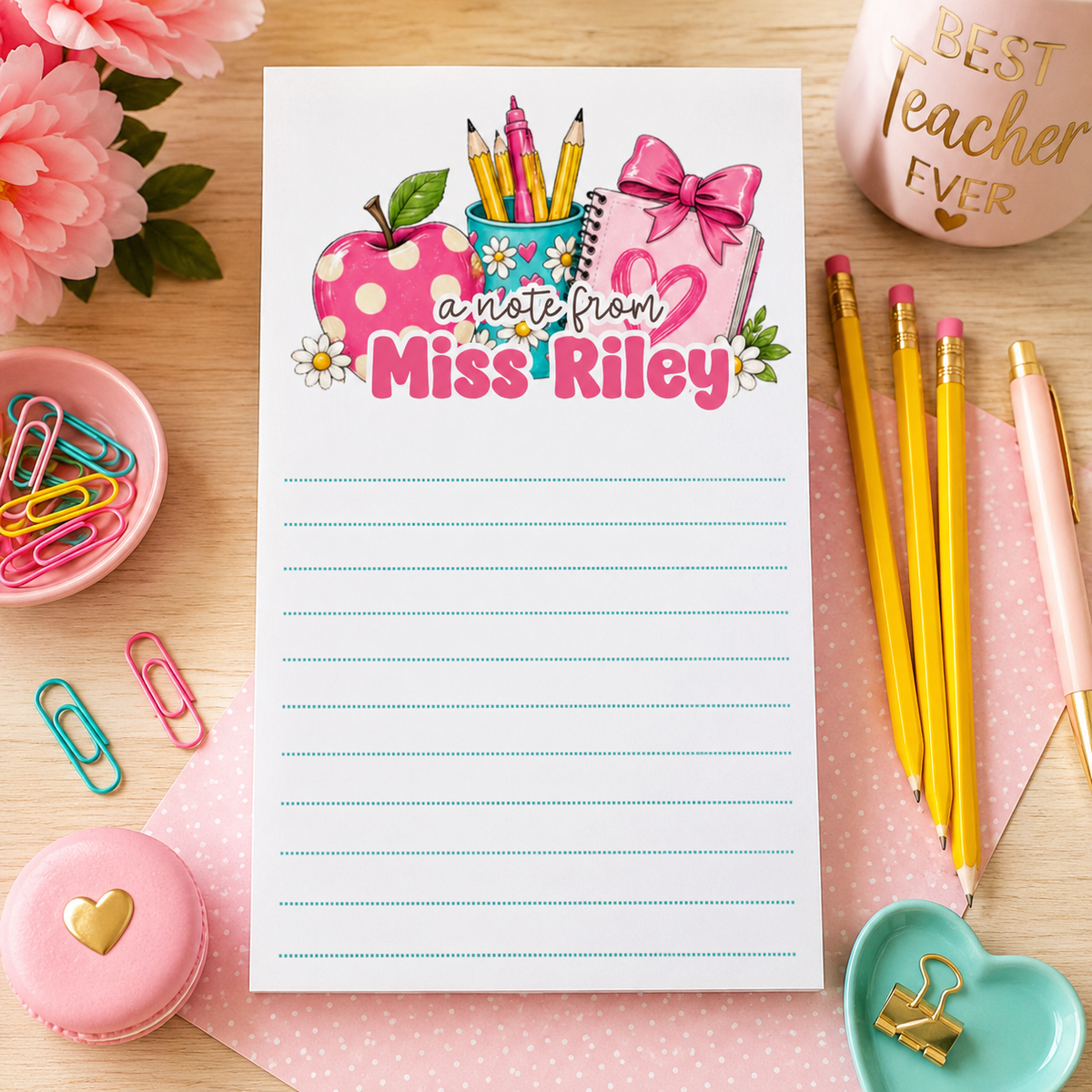 Personalized Teacher Notepad – Pink Apple & Daisy Desk
